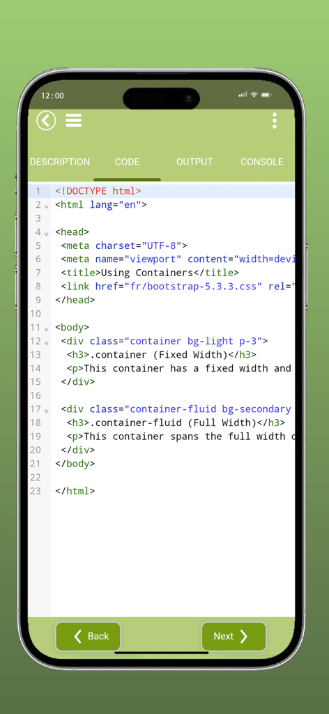HTML Code Play - HTML Code Play app mobile editor showing HTML and Bootstrap code.