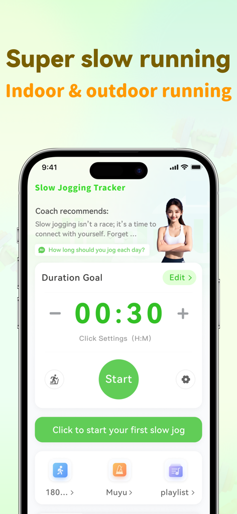 Slow Jogging Tracker app screen showing a workout timer and start button for low impact running