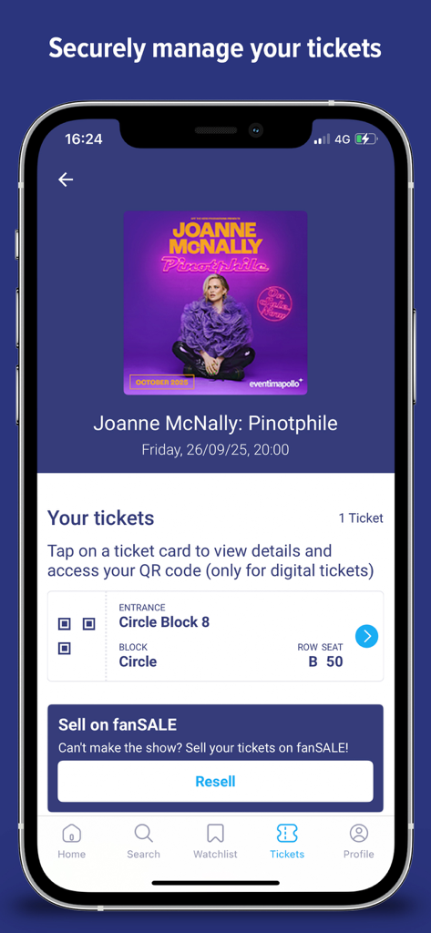 EVENTIM UK | Event Tickets - Smartphone screen displaying a digital ticket and a resale option in the Eventim UK app