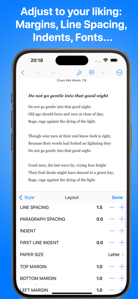 TextEdit - Text Editor - TextEdit plus app showing text layout settings for line spacing and margins on an iPhone