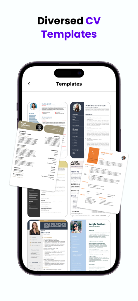 AI Resume Maker - CV Builder - A mobile interface displaying diverse professional resume and CV templates