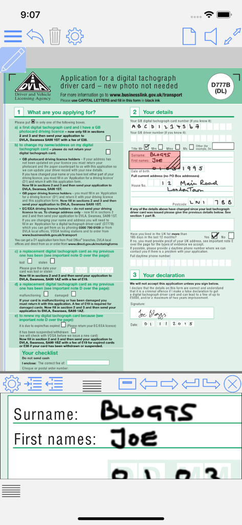 Ausfüllen eines PDF-Formulars in ZoomNotes mit einem Vergrößerungsfenster für präzise Handschrift