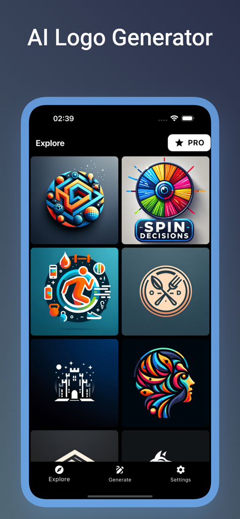 AI Logo Maker : logo generator - Interface of the AI Logo Maker app showing a grid of diverse logo templates including abstract and business styles