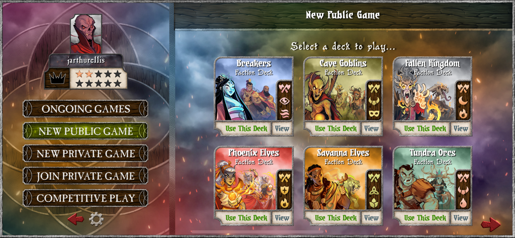 Summoner Wars Online - Faction deck selection menu in Summoner Wars Online showing various playable fantasy decks like Phoenix Elves and Tundra Orcs