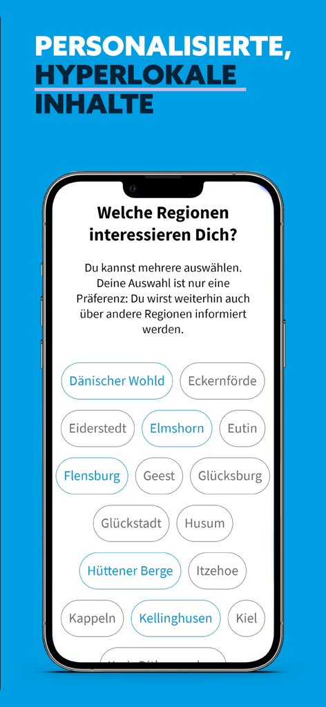 Bildschirm einer mobilen App, der die Auswahl lokaler Regionen für personalisierte Nachrichten in shz HOERBAR zeigt