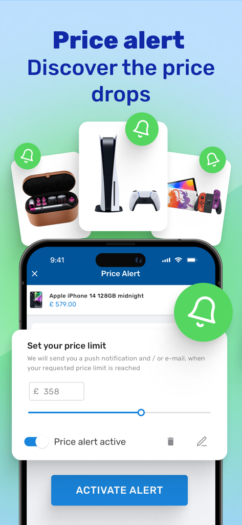 Écran mobile montrant les paramètres d'alerte de prix pour un iPhone 14 dans l'application Geizhals.