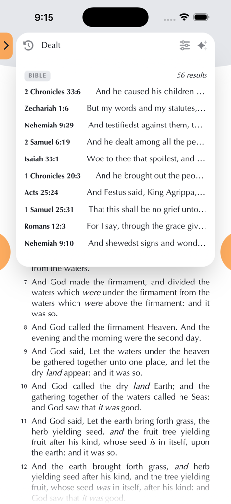 MyOwnBible - MyOwnBible app interface showing a search results list for bible verses over a scripture page