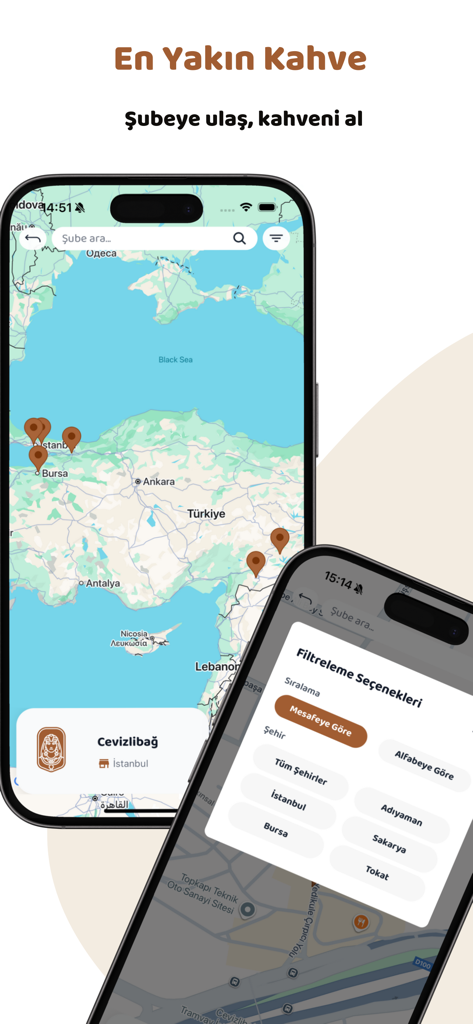 Laos Coffee - Interface do aplicativo móvel Laos Coffee mostrando a localização das filiais em um mapa da Turquia com opções de filtro de cidade.