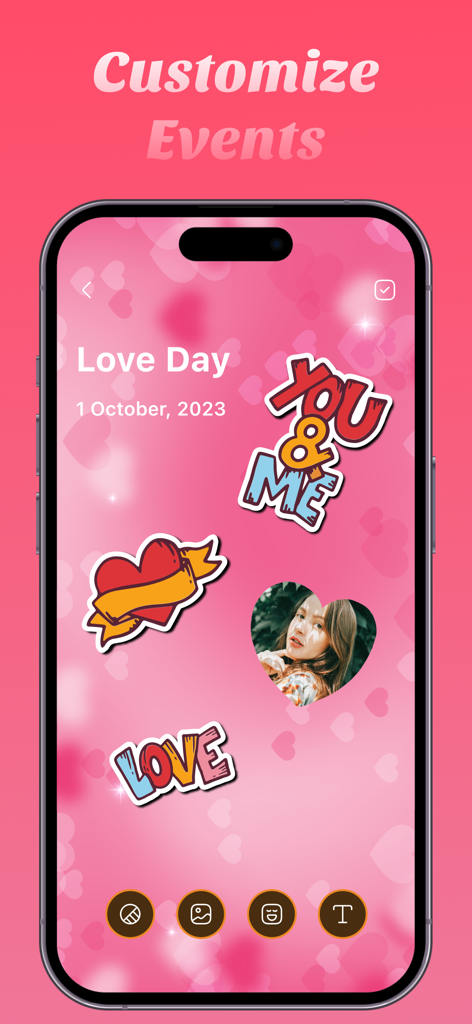 Love Tracker: Day Counter - Captura de tela da tela Personalizar Eventos no aplicativo Love Tracker mostrando adesivos e uma foto dentro de uma forma de coração em um fundo rosa.
