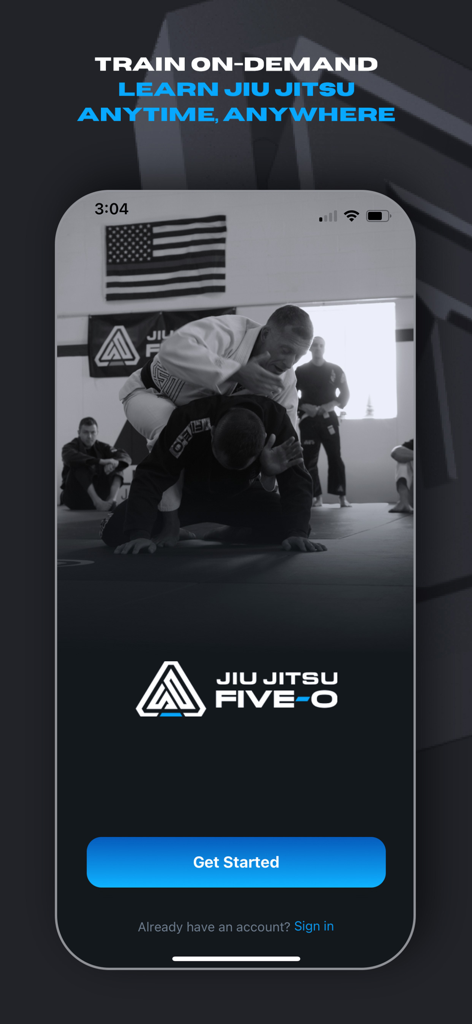 Jiu Jitsu Five O - Pantalla de bienvenida de la aplicación móvil Jiu Jitsu Five O para entrenamiento táctico de BJJ