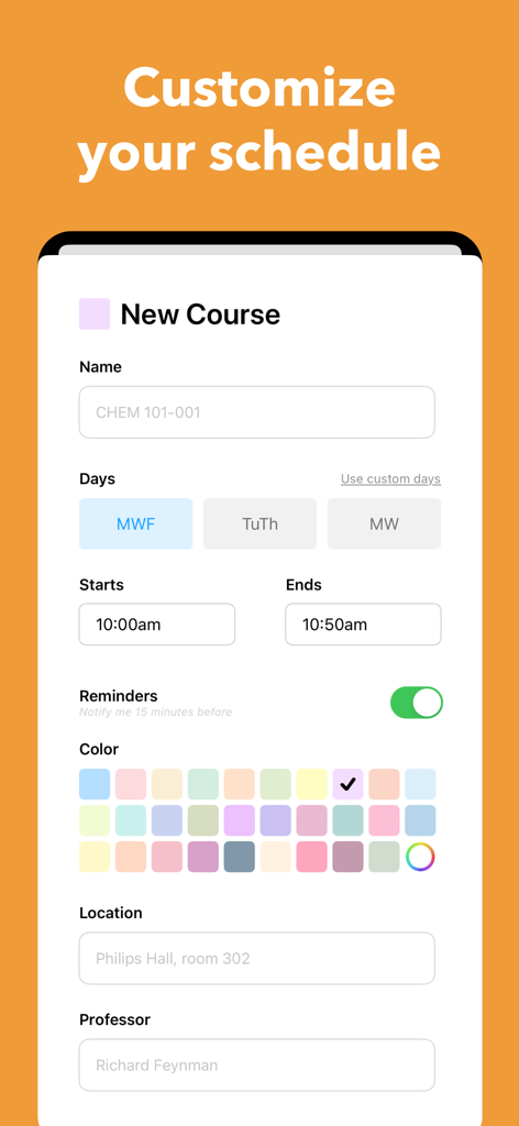 Coursicle - Coursicle app interface for adding a new course with custom color coding, schedule times, and professor details.