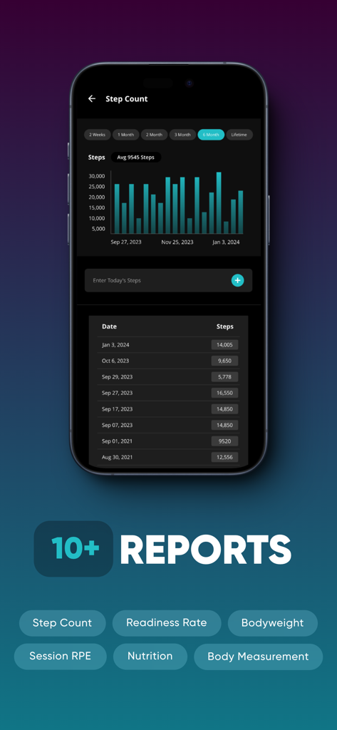 Twelve20 Coaching App - Twelve20 Coaching App dashboard showing fitness reports and step count data visualization