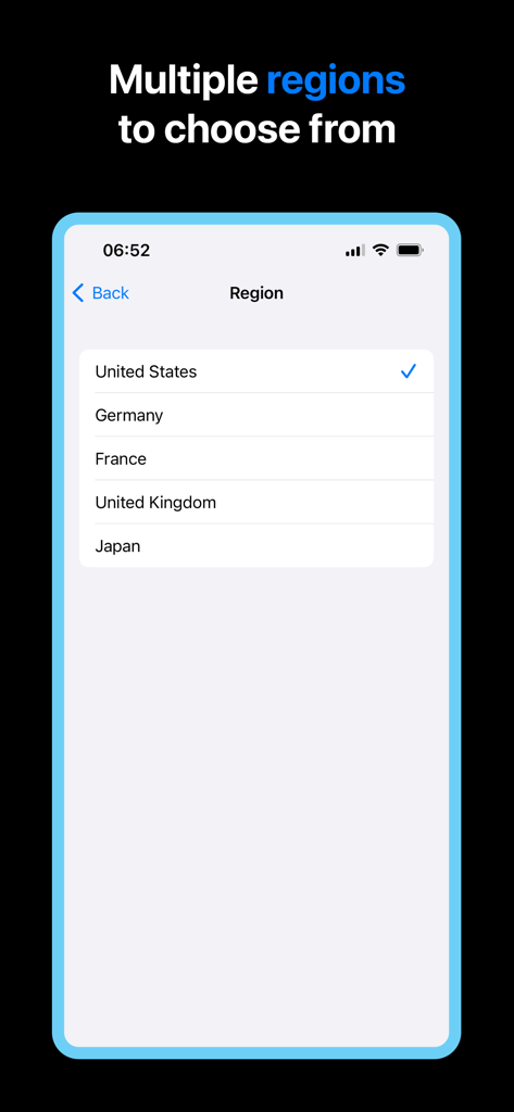 Zen VPN mobile app interface showing a list of available server locations including the United States, Germany, and Japan