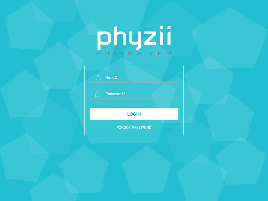 Phyzii Tab - Login screen of the Phyzii Pharma CRM app with username and password fields on a teal background