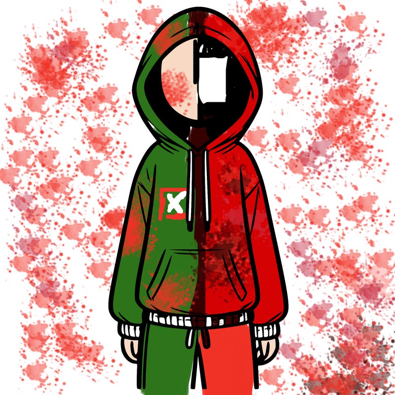 faceless girl in a tracksuit with a hood on and no hair