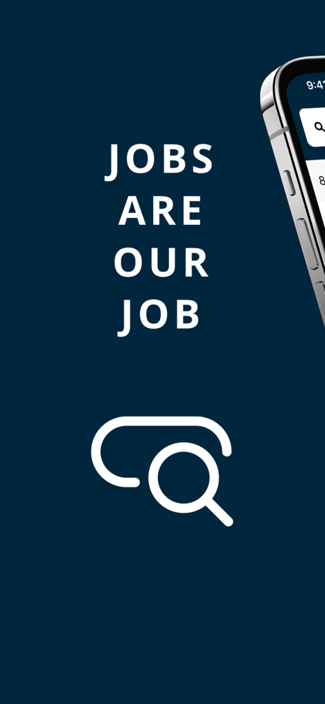 Jobs.ie mobile app splash screen featuring the slogan Jobs Are Our Job and a search icon on a dark blue background