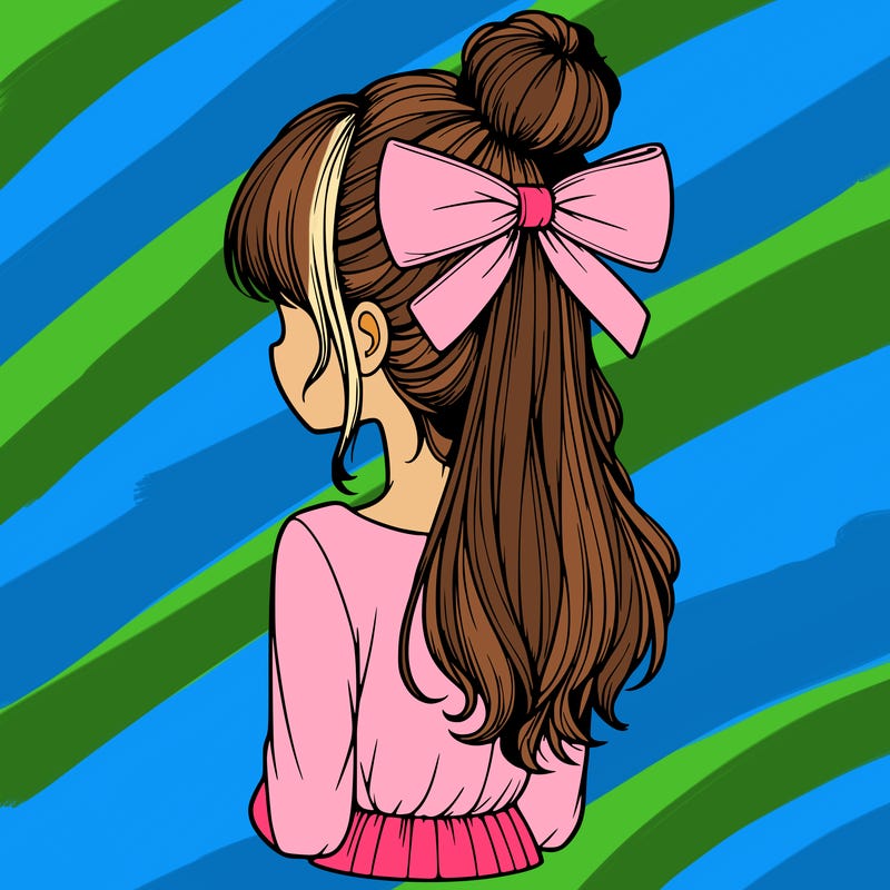realistic girl  with hip length hair a bun and a big bow on the back of head