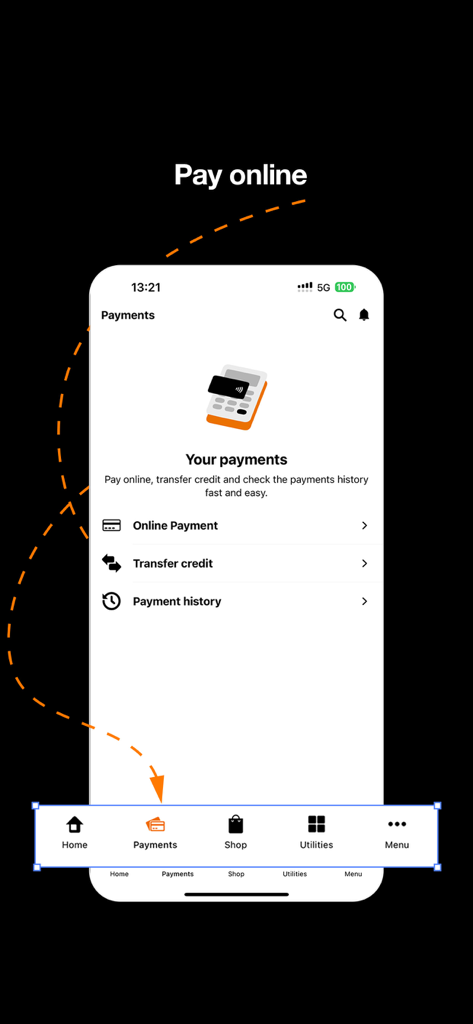 My Orange Moldova - Interface of the My Orange Moldova app showing online payment and credit transfer features