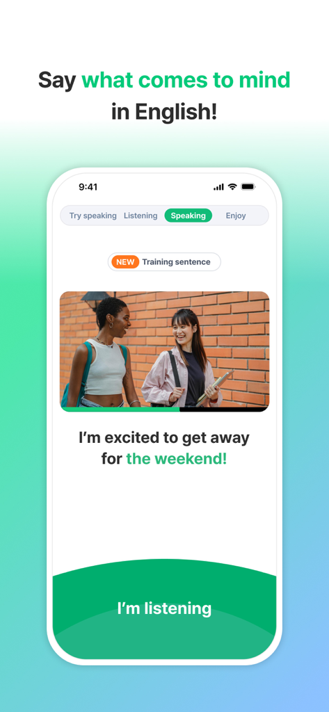 Plang app interface showing an AI English speaking practice session with the sentence I am excited to get away for the weekend