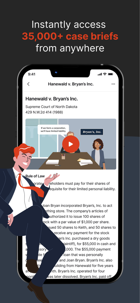 Smartphone display of a Quimbee legal case brief with video and text analysis
