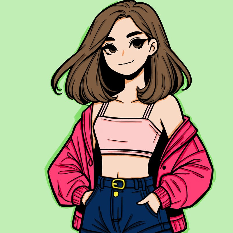 a realistic girl with a crop top and short shorts in an open jacket