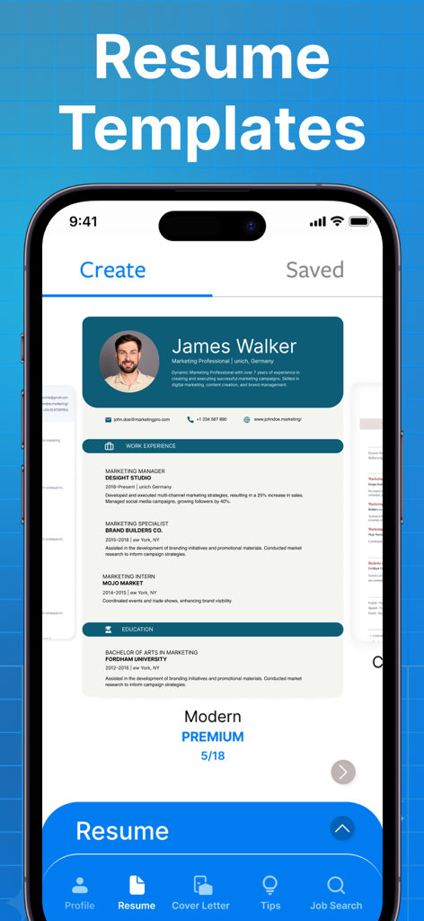 Resume Builder & CV Maker AI - Eine moderne Premium-Lebenslaufvorlage, die auf einem Smartphone innerhalb der Resume Builder und CV Maker AI App angezeigt wird.