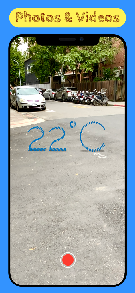 通りの風景に浮かぶ、摂氏22度を示す3D拡張現実テキスト