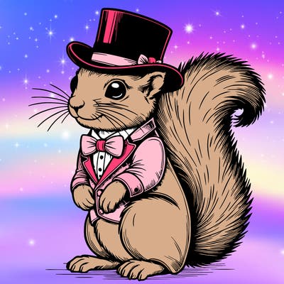 realistic squirrel wearing fancy suit and top hat