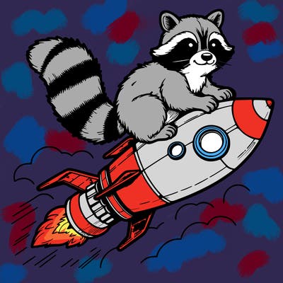realistic raccoon flying on top rocket ship
