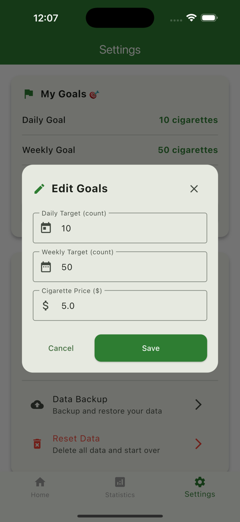 Edit goals screen in Smoke Log PureBreath app showing daily and weekly cigarette targets and price settings