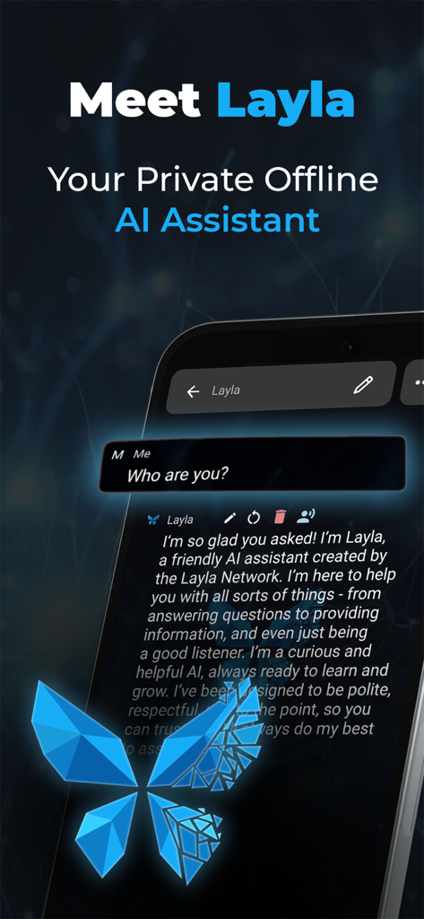 Layla - Layla app introduction screen featuring its private offline AI assistant and chat interface.