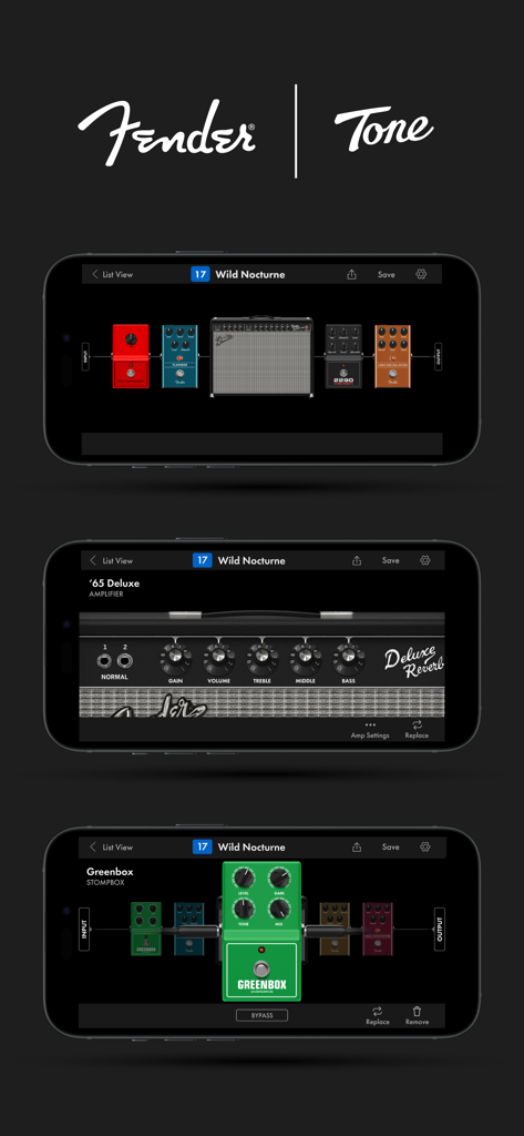 Fender Tone app interface showing guitar amplifier and effects pedal settings