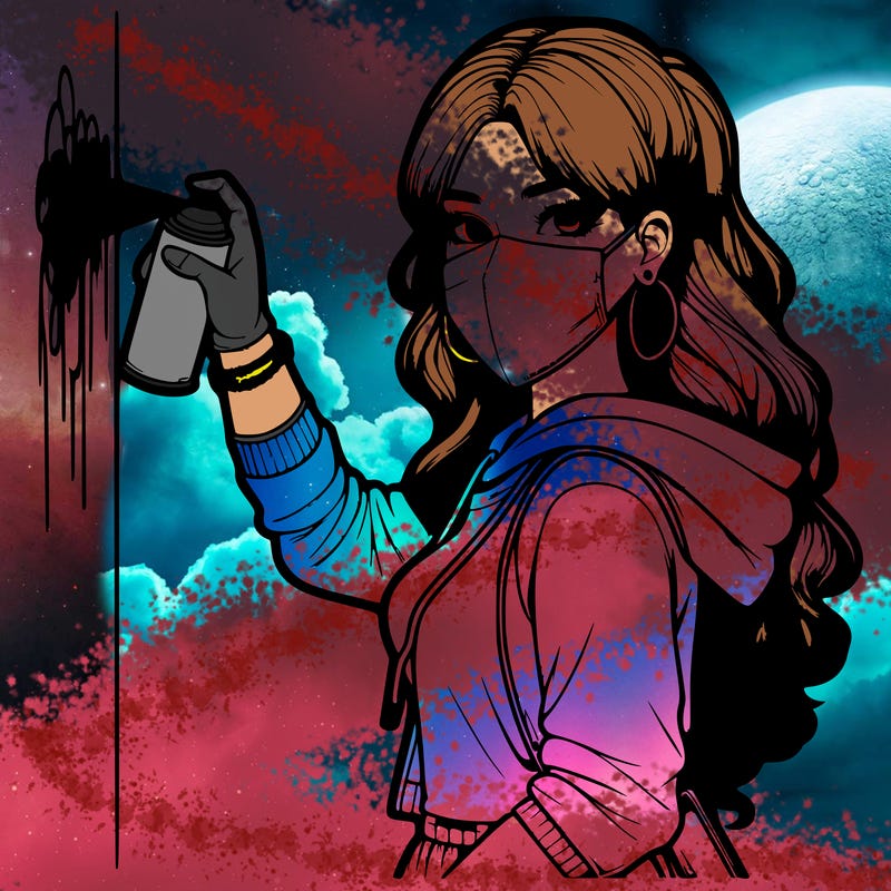 realistic girl with mask spray painting a wall