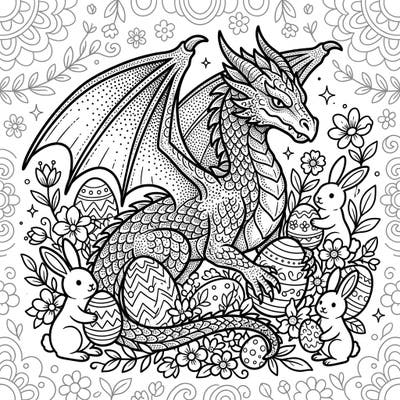 Dive into a unique holiday experience with this captivating Dot Work Dragon Easter coloring page. Discover a beautifully detailed dragon interacting with an enchanting Easter scene, complete with playful bunnies and festive eggs, ready for your creative touch.