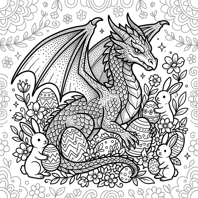 Dive into a unique holiday experience with this captivating Dot Work Dragon Easter coloring page. Discover a beautifully detailed dragon interacting with an enchanting Easter scene, complete with playful bunnies and festive eggs, ready for your creative touch.