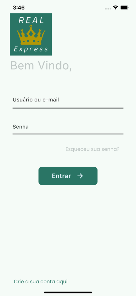 Login screen of the Real Express cashback and loyalty app in Portuguese