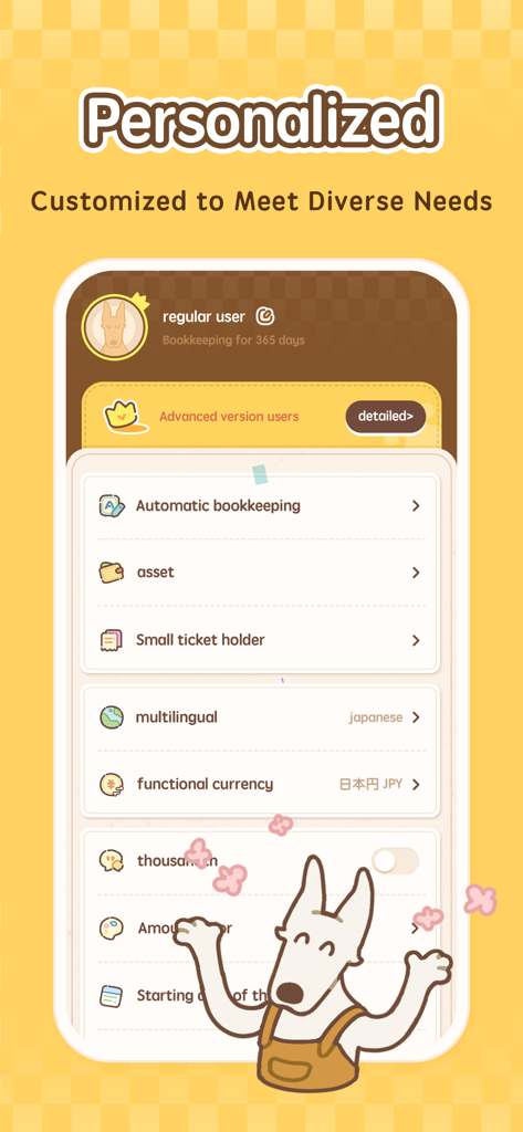 MoneyUP - Money Tracker App - MoneyUP app personalization screen showing customization options and the cute dog mascot Tomi