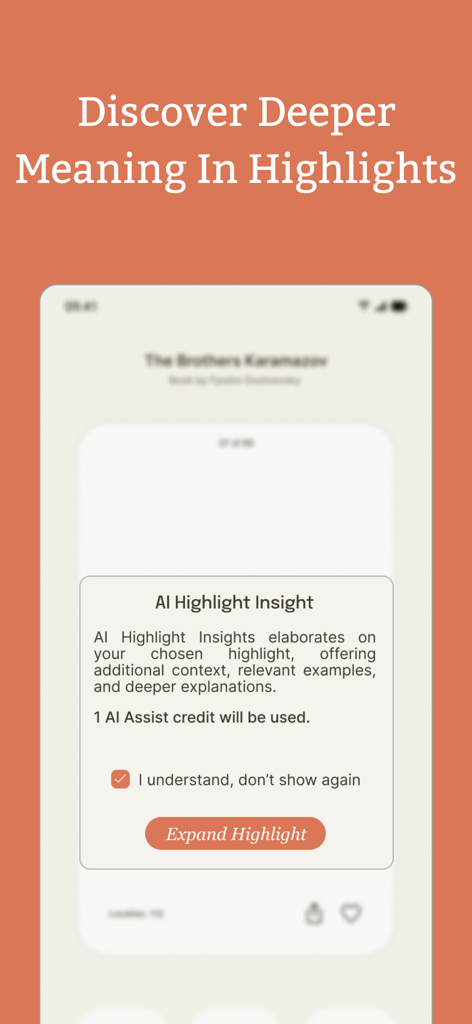 2Read: AI Kindle Reading Buddy - Una interfaz de aplicación móvil de 2Read que muestra un modal de Insight de Resaltado de IA que proporciona contexto y explicaciones más profundas para los resaltados de libros.