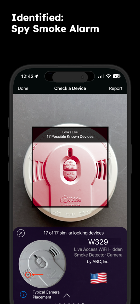 deviceOwl: Find Spy Devices - La aplicación deviceOwl identificando una cámara espía oculta dentro de un detector de humo utilizando IA.