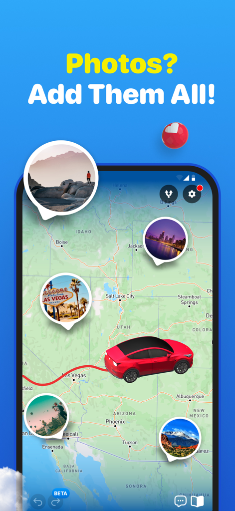 Tela do smartphone exibindo uma rota de viagem animada com várias fotos fixadas em um mapa do oeste dos Estados Unidos