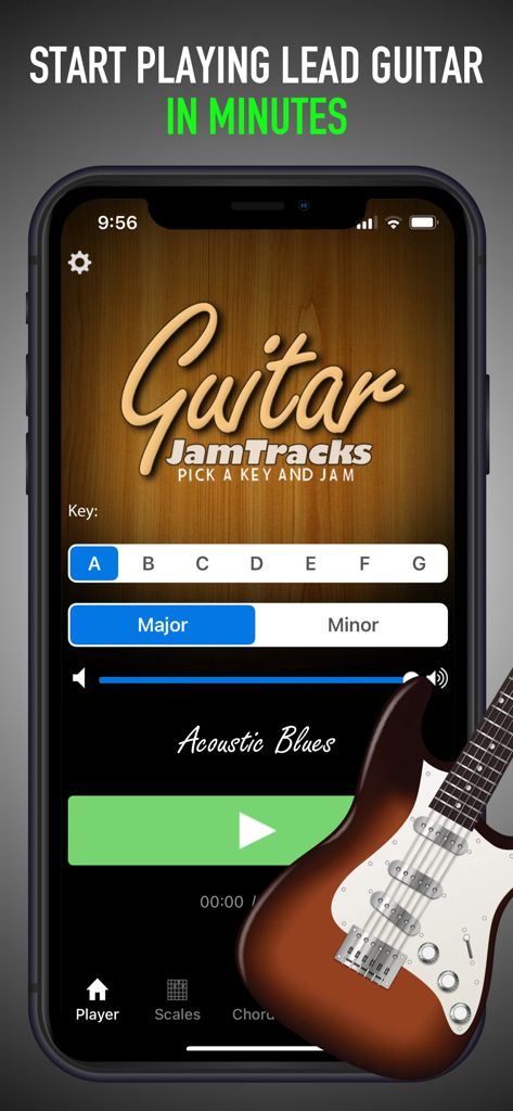 JamTracks+ Learn & Play Guitar - JamTracks app screen showing the player interface for acoustic blues backing tracks with key and scale selection for lead guitar practice