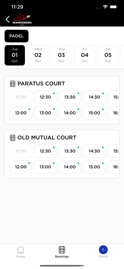 Wanderers Padel - Wanderers Padel mobile app interface showing court availability and time slots for booking