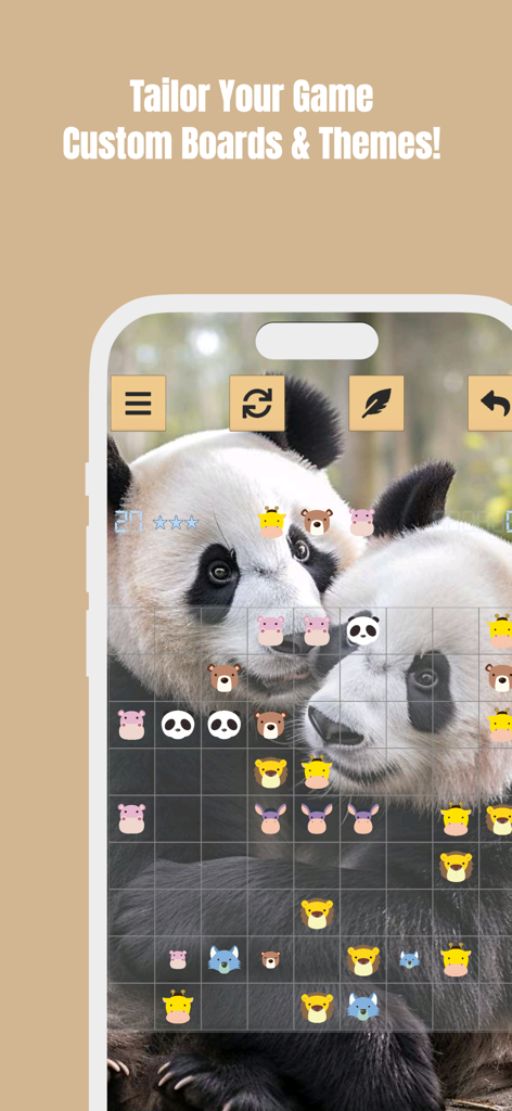 A screenshot of Line 98 game with a custom panda background and animal icons on a grid