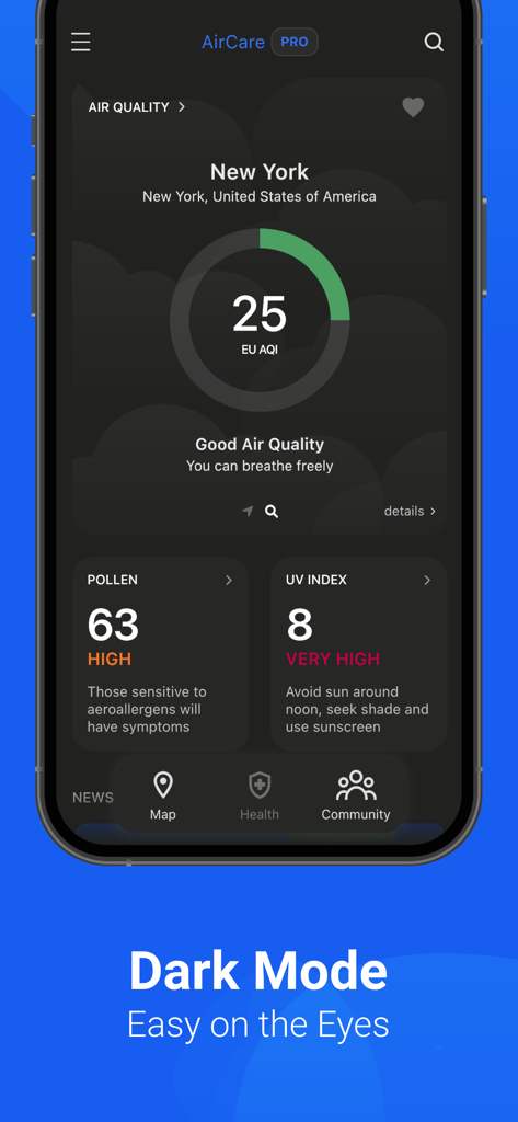 AirCare app interface in dark mode showing air quality pollen and UV index data for New York