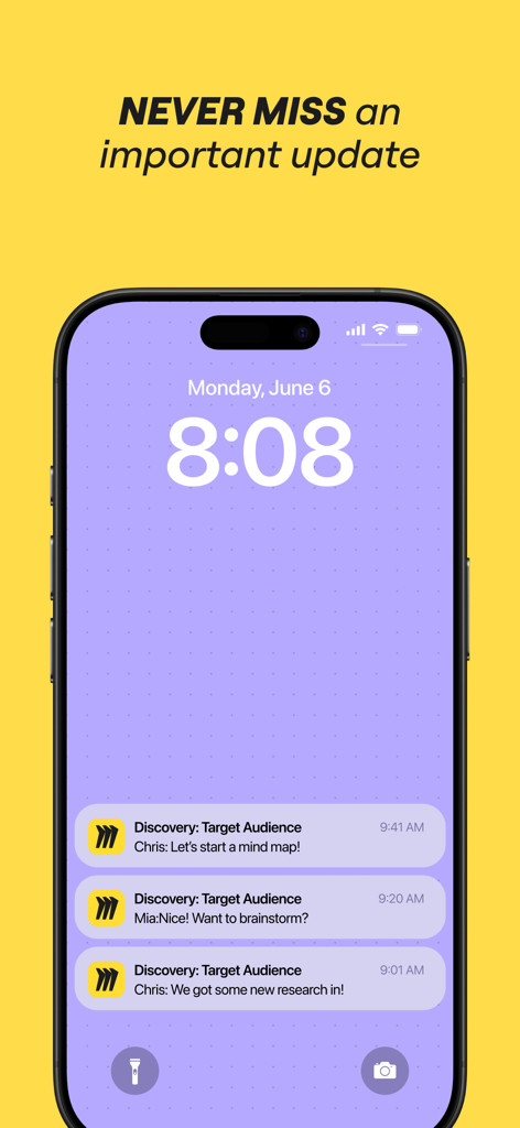 Notificações do aplicativo móvel Miro na tela de bloqueio de um iPhone mostrando atualizações de colaboração da equipe em tempo real.