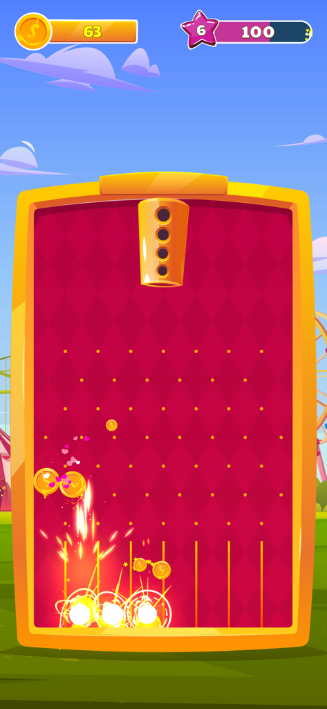 Coin Blast - Gameplay of Coin Blast showing golden coins falling into slots on a red and yellow arcade style board