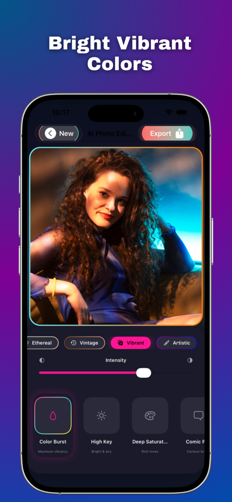 A mobile app interface showing a vibrant color filter being applied to a portrait photo with an intensity slider.