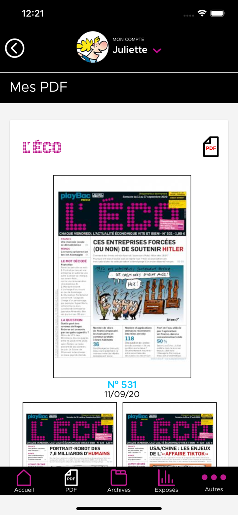 L'ÉCO - Digital magazine reader interface in the LECO app displaying French economic news for teenagers