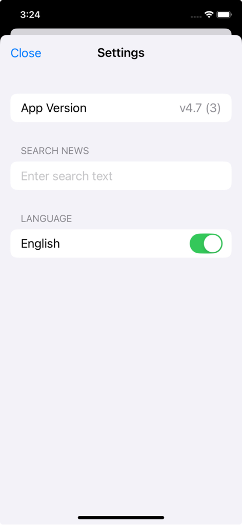 Kaumudi News - Settings screen of the Kaumudi News app showing the app version, news search field, and English language toggle.