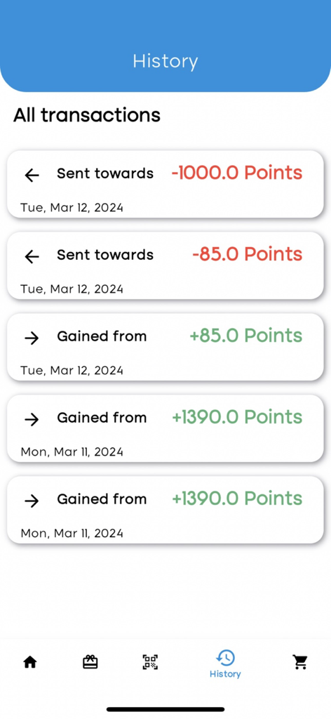 Mobiler Bildschirm, der die Transaktionshistorie von erhaltenen und ausgegebenen Prämienpunkten in der C4E Rewards App anzeigt